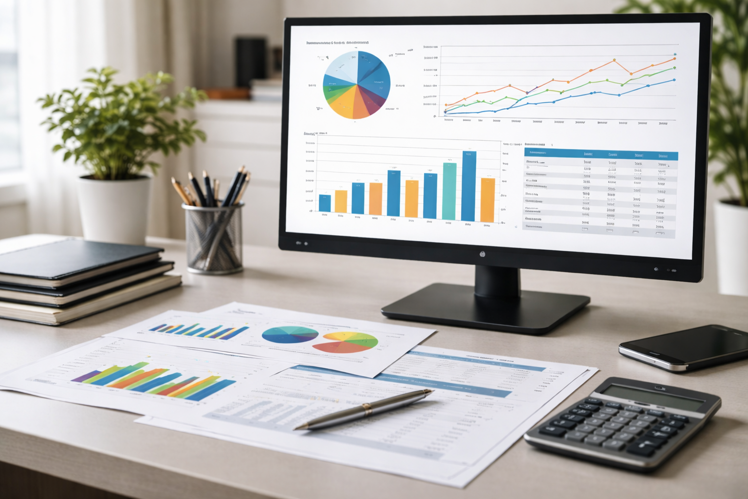 Financial charts and reports on a monitor