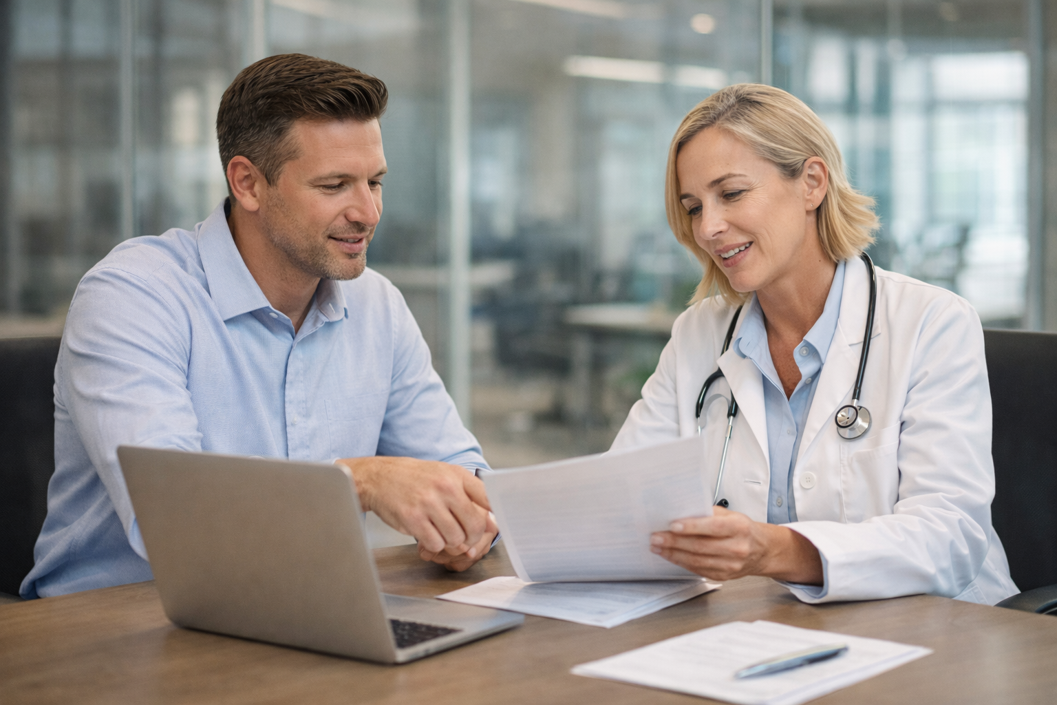 Business professional and physician reviewing strategy at a conference table